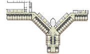 Drittes Geschoss der Hochgebirgsklinik Davos (HGK). Im Y-förmigen Bau liegen die Suiten im unteren Bereich mit Mittelgang. Die Zimmer ordnen sich an den oberen Schenkeln nebeneinander. Auf der gegenüberliegenden Flurseite liegen die Behandlungszimmer.